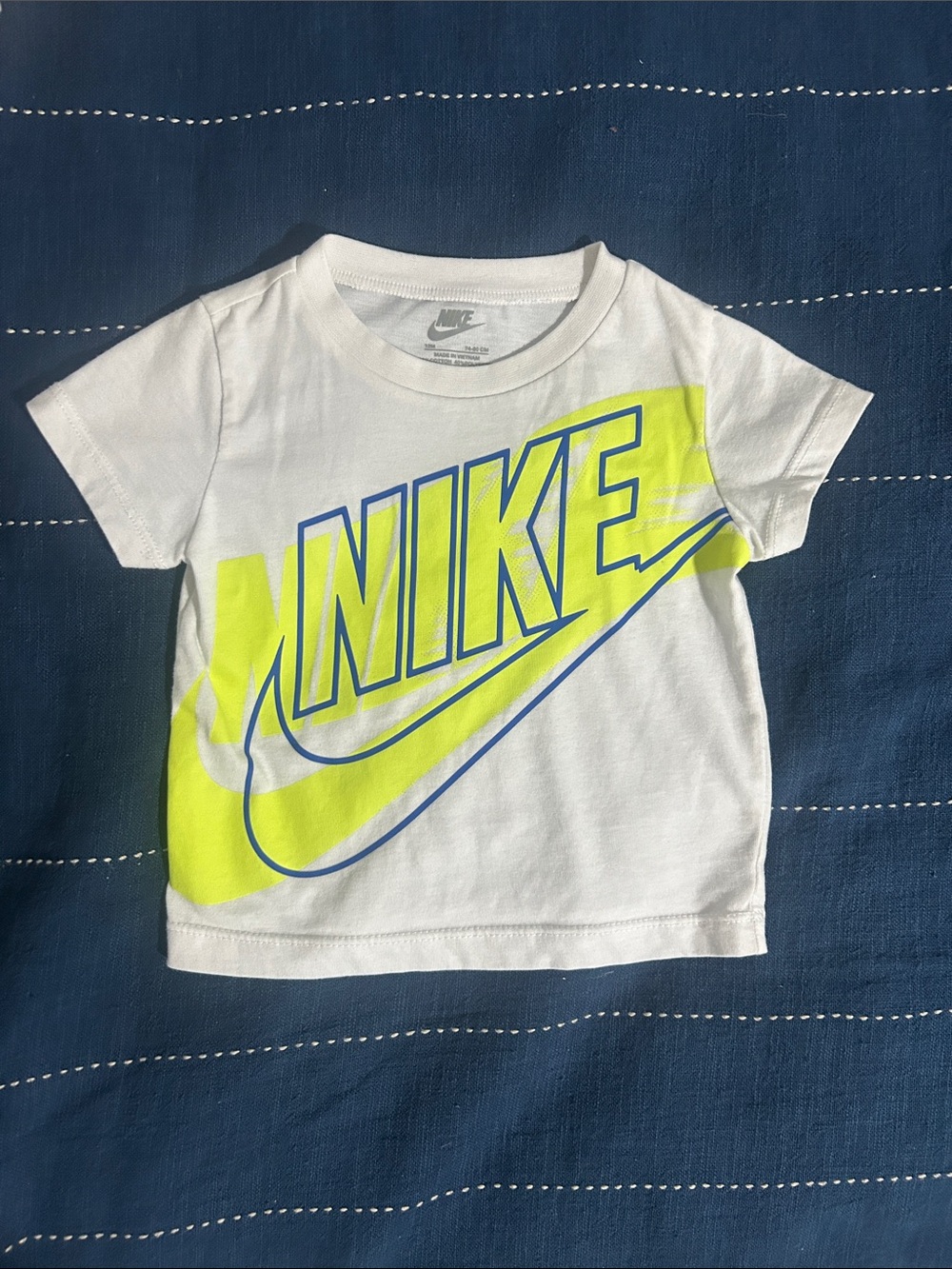 Nike White Tee with Neon Yellow and Blue Logo